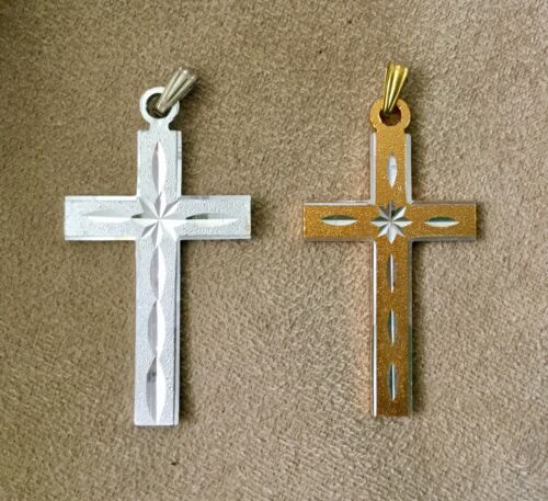 PAIR OF CROSS PENDANTS, GOLD AND SILVER TONES. NEW!