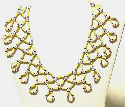 Handmade tiny gold beaded  bib necklace colors of yellow,blue,coral & white