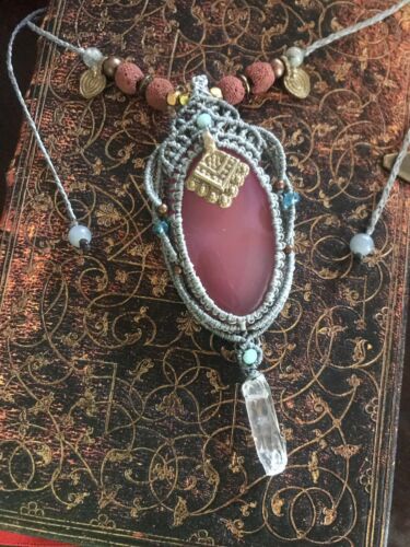 Macrame Necklace - Rodonite  Stone Pendant - Handmade Bohemian Jewelry