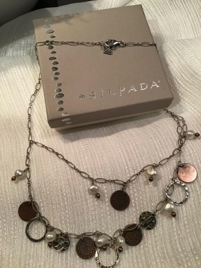 Silpada 925 Sterling silver freshwater pearl coin necklace 16-18” N1567