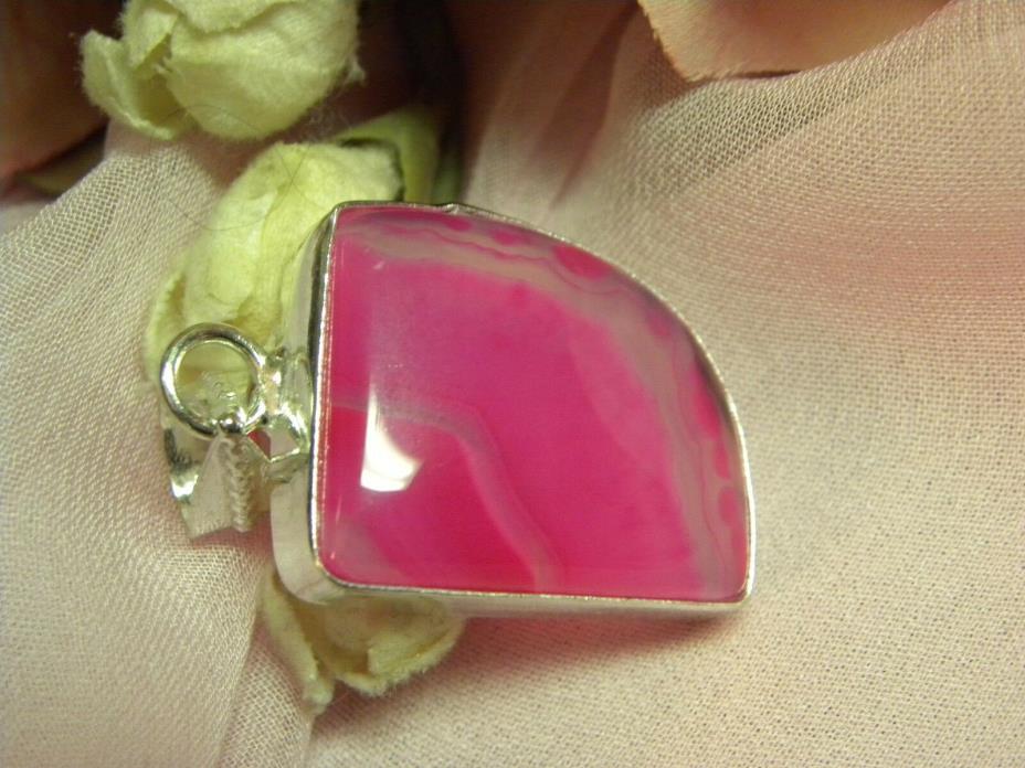 Pink Striped Agate 1in Sterling Silver Love & Hearts Pendant
