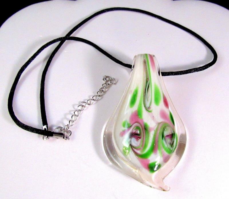 Hand Blown Glass Pendant Cord Necklace Leaf White Lavender Green Clear