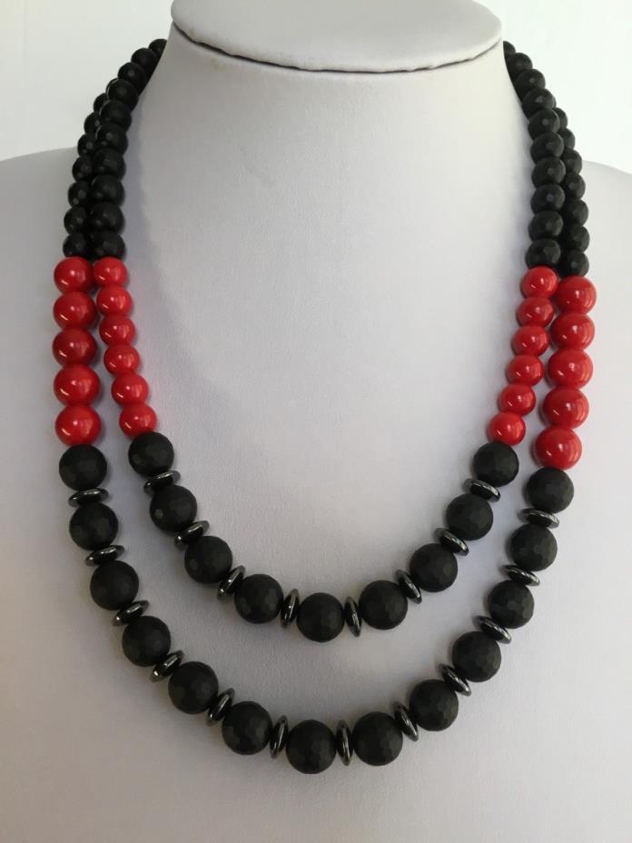 Vintage two strand micro faceted matt black onyx necklace.