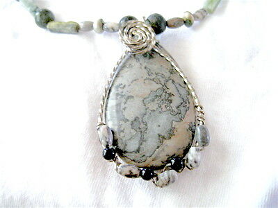 Greys Tans Pink Colored Jasper Pendant Beaded and Silver Handmade Necklace 23