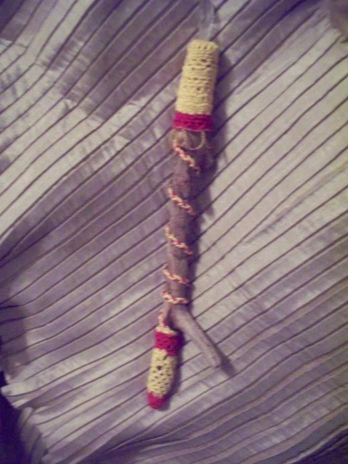 MAGIC WAND,  HANDMADE, CRYSTAL POINT, RED AND YELLOW CROCHET, 11