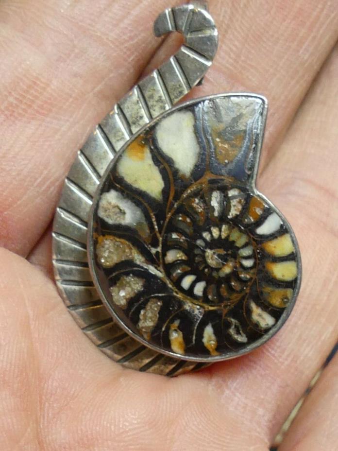 Million Year old AMMONITE FOSSIL NAUTILUS 925 STERLING SILVER Pendant Signed
