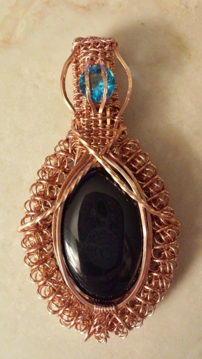 Black Onyx and Blue Topaz Handmade Jewelry Copper Wire Wrapped Pendant
