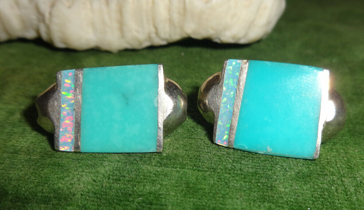 The Best Vintage Pair of Sterling Silver Triangular Turquoise & Opal Slide Beads