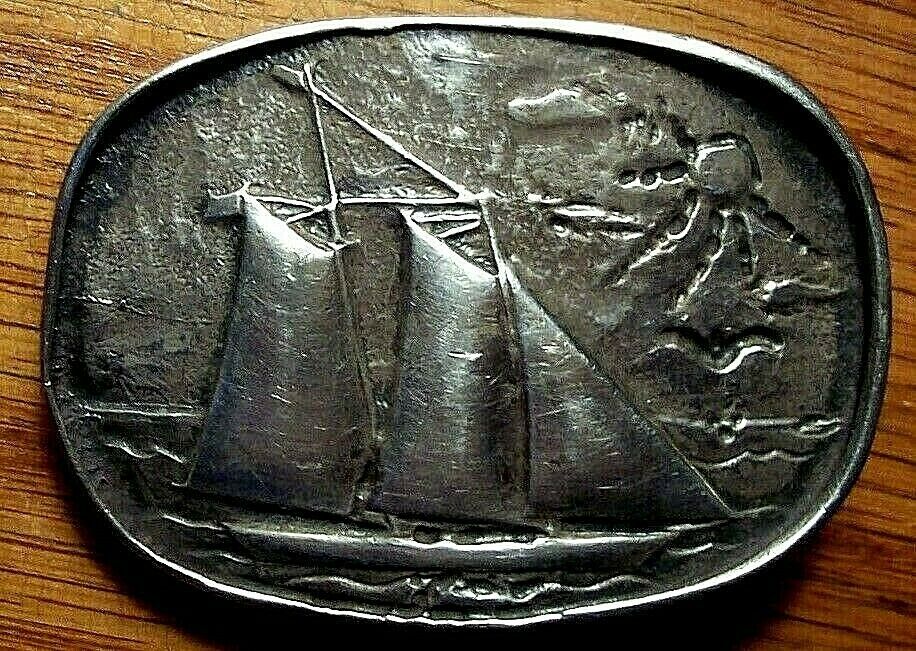 Vintage Sterling Silver Buckle with Sail Boat Schooner Sun Gull Signed 