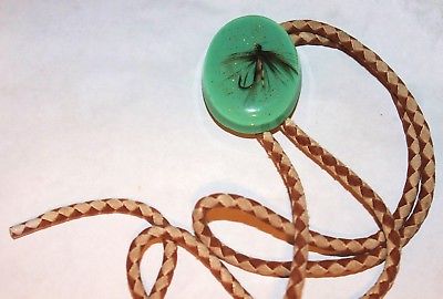 Vtg Bolo Tie With Fishing Fly in Large Green Resin Cabachon