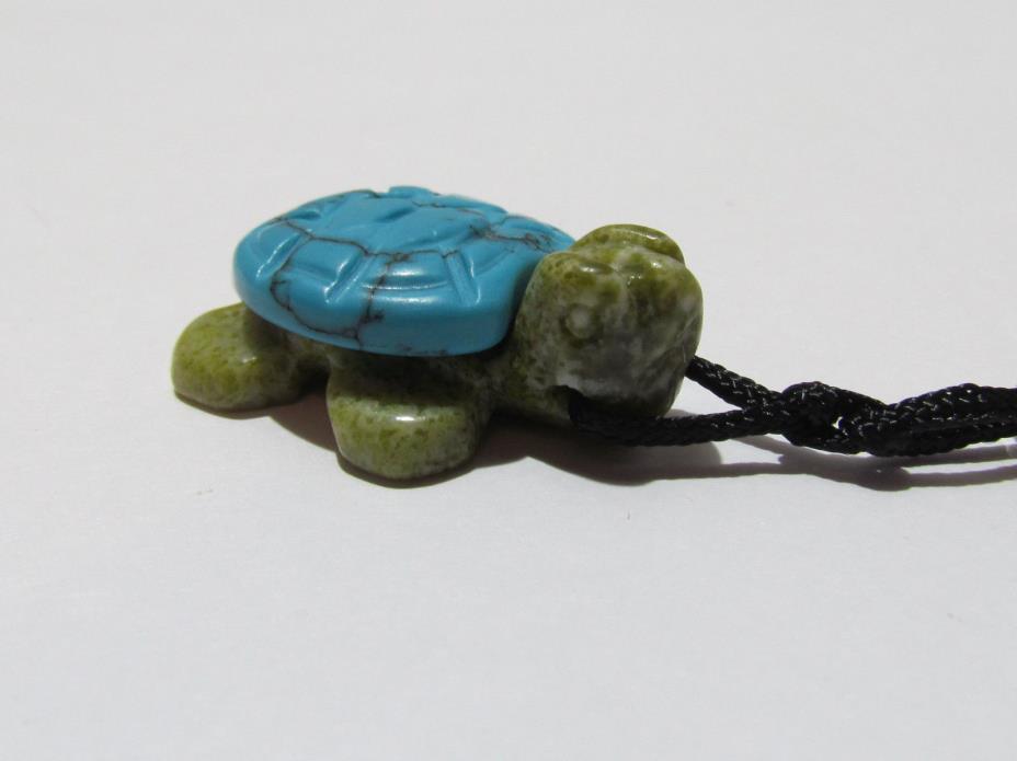 Turtle Necklace Carved Turquoise Howlite Pendant Green Jasper Healing Stone