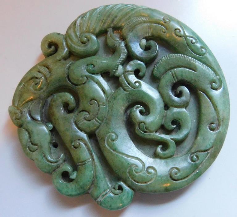 Lge Drilled Pendant ? Green Jade Jadeite ? Stone Carved Serpent Dragon ? Heavier