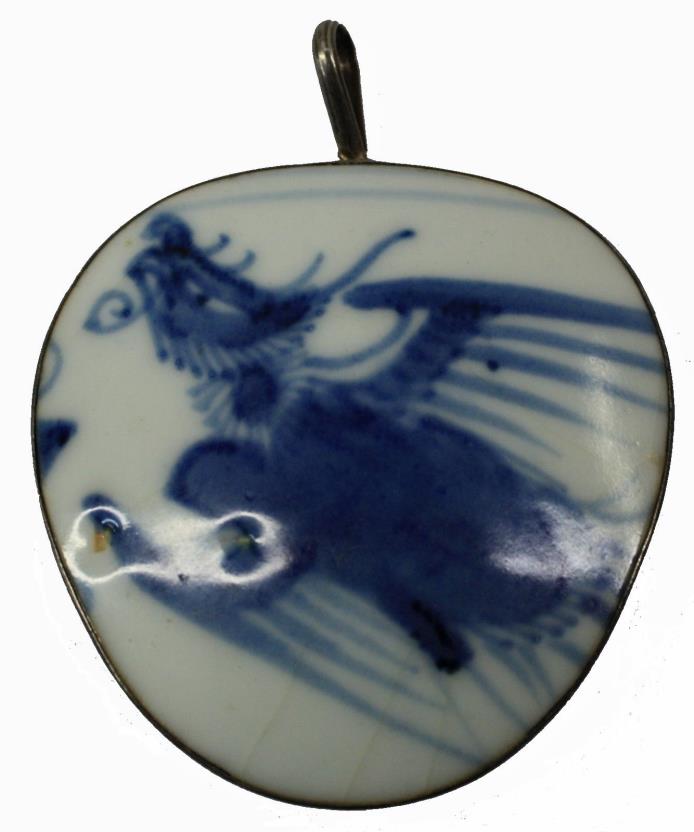 Asian Pottery Ceramic Blue Dragon Set in Sterling Silver 925 Bezel Pendant