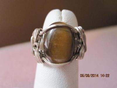 ARTISAN Handmade Gemstone Ring TIGER EYE Elaborate Sterling Wire Wrap Beautiful