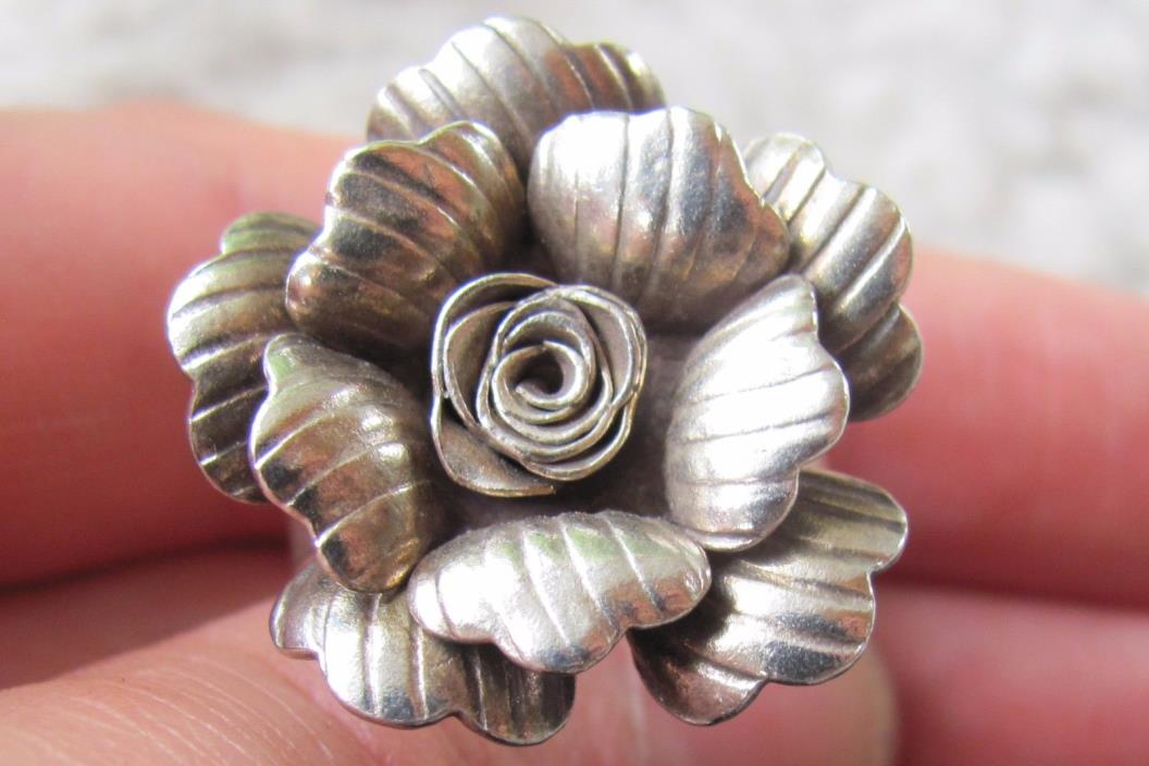 Artisan Heavy Sterling Silver Rose Flower Ring, Size 9, 9.46 Grams