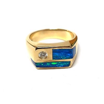 14K Yellow Gold Natural Opal Inlay & Diamond Signet Ring