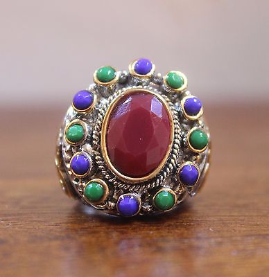 Medieval Style Turkish Silver & Gold Plated Heavy Statement Ring - Size 6.5