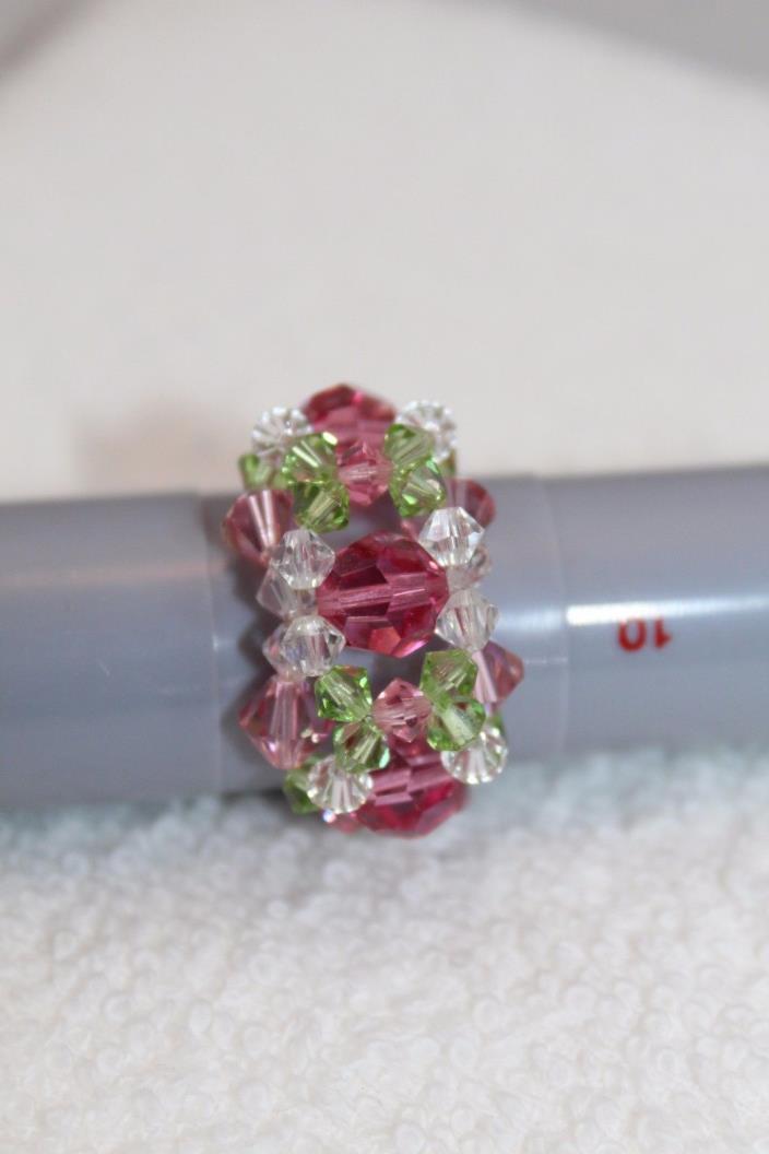 Hand-made Crystal Beaded Flower Ring Size 11  #1114