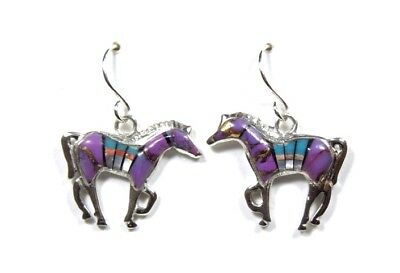 Multicolor & Turquoise Inlay 925 Sterling Silver Southwestern Horse Earrings