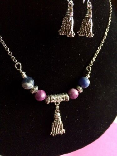 Tibetan Tassel Swing Stone Necklace ,Earrings Jewelry Set Sodalite,Purple Jasper