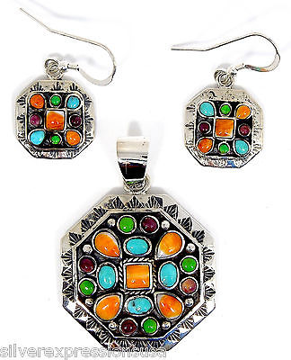 Southwestern Multicolor Inlay 925 Sterling Silver Pendant and Earrings set