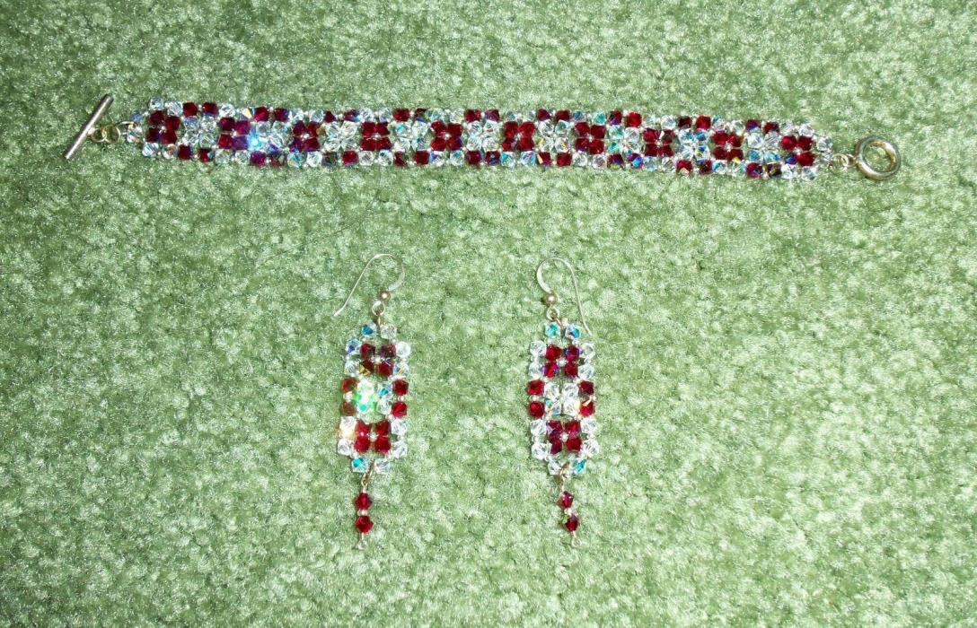 Handcrafted Artisan Swarovski Crystal Beads Red Bracelet and Earring Set