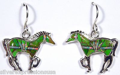 GreenTurquoise & Fire Opal Inlay 925 Sterling Silve Dangling Horse Earrings