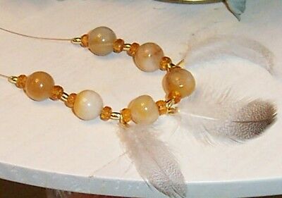 Gold Quartzite Beaded Necklace and  Earrings with Feathers - Handmade