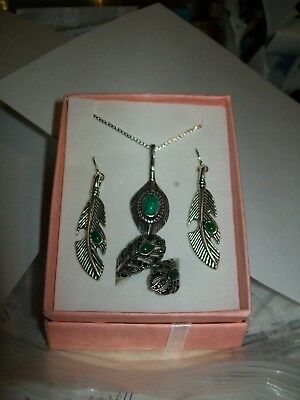 Malachite Feather set  necklace with pendant earrings and ring