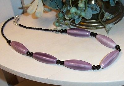 Purple Oblong Beads and Black Bead Necklace with S Hook Closure 18