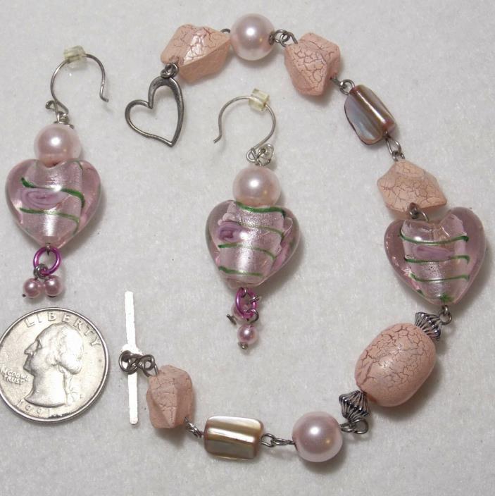 Pink Wedding Cake Lampwork Heart/MOP/Crackle Bead Bracelet/Pierced Earrings Set