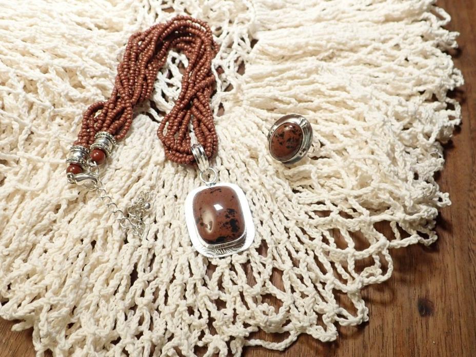 Handcrafted Natural Red Obsidian Ring and Pendant with Mini-Bead Necklace