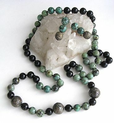 African Opal Blue Green Jasper Black Onyx Bead Necklace Earring Silver Plated