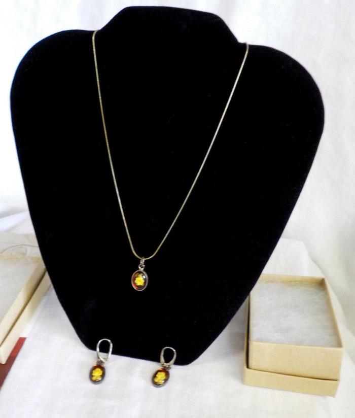 Amber Rose Intaglio Jewelry Set NIB Necklace & Earrings Sterling Silver Carved