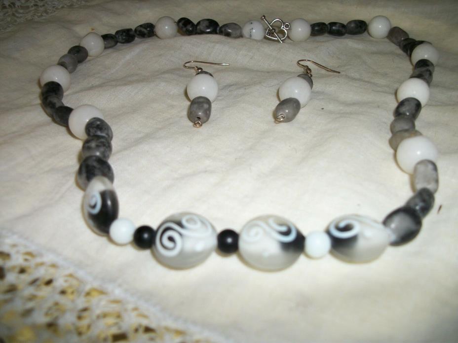 Marble, white agate and fused glass beaded necklace and Earring set