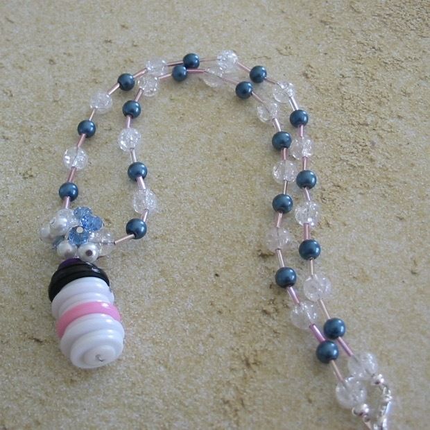 Handmade Button Snowman with Blue and White Glass Bead Necklace and Earrings