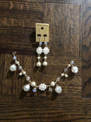 8” Handmade Gold Wired,White Pearl And Czech Glass Bracelet And Earrings