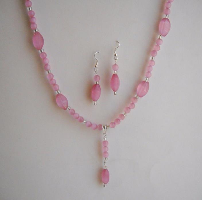 Pink Cats Eye Necklace Earring Set Drop Glass Beaded Handmade Magnetic Clasp