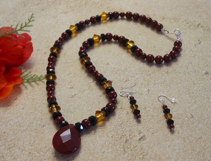Handmade Bordeaux Glass Pearl and Topaz Bicone Necklace and Earrings