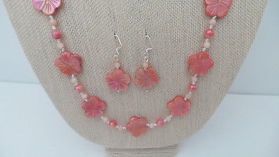 SALE!Peach Mother of Pearl AB Flower Shell Necklace Earrings Handmade USA