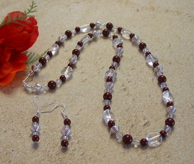 Bordeaux Glass Pearl and Clear Glass Bead Necklace with Earrings