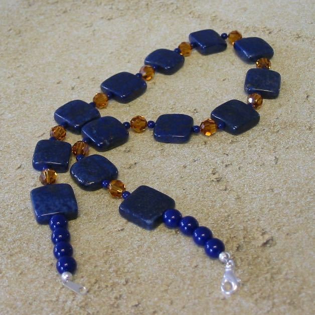 Handmade Lapis and Topaz Glass Bead Necklace and Earrings