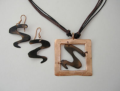 Pewter Copper Earrings Necklace Set Square Pendant Cord Pierced Dangle New Gift