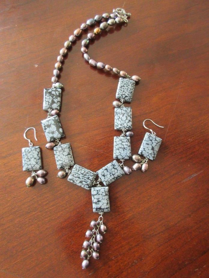 Snowflake Obsidian, Peacock Water Pearl Necklace & Earrings