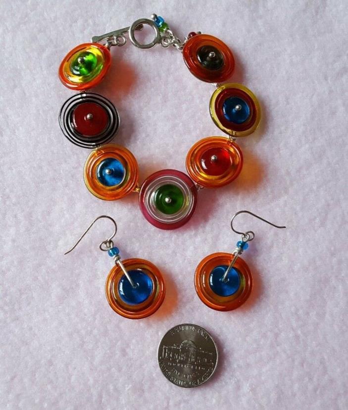 Handmade glass bracelet and earring set/ sterling