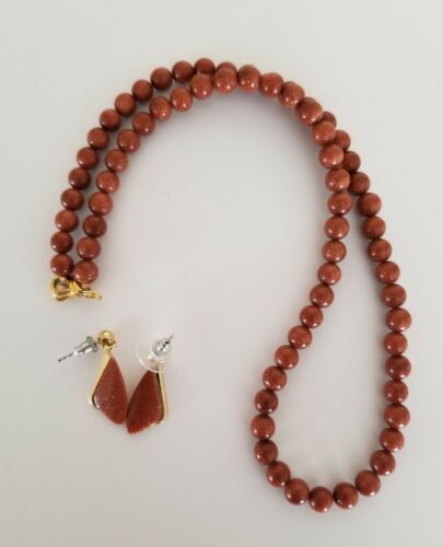 Goldstone Necklace Round Bead & Drop Pierced Earrings