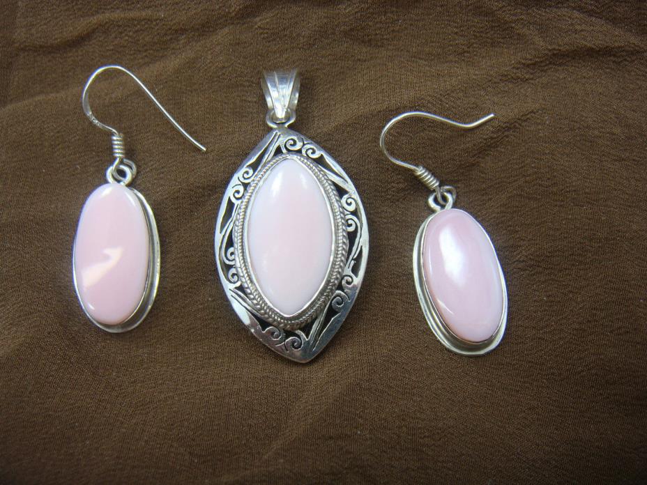 Artisan Filigree Sterling Silver Pale Pink Stone Calcite Earring Pendant Set