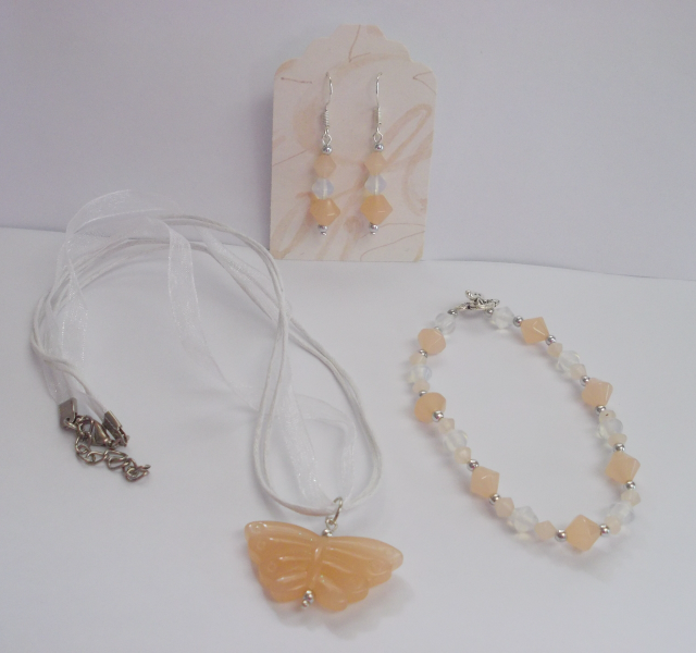 Peach Butterfly Jewelry Set with Necklace, Bracelet and Earrings Handmade New