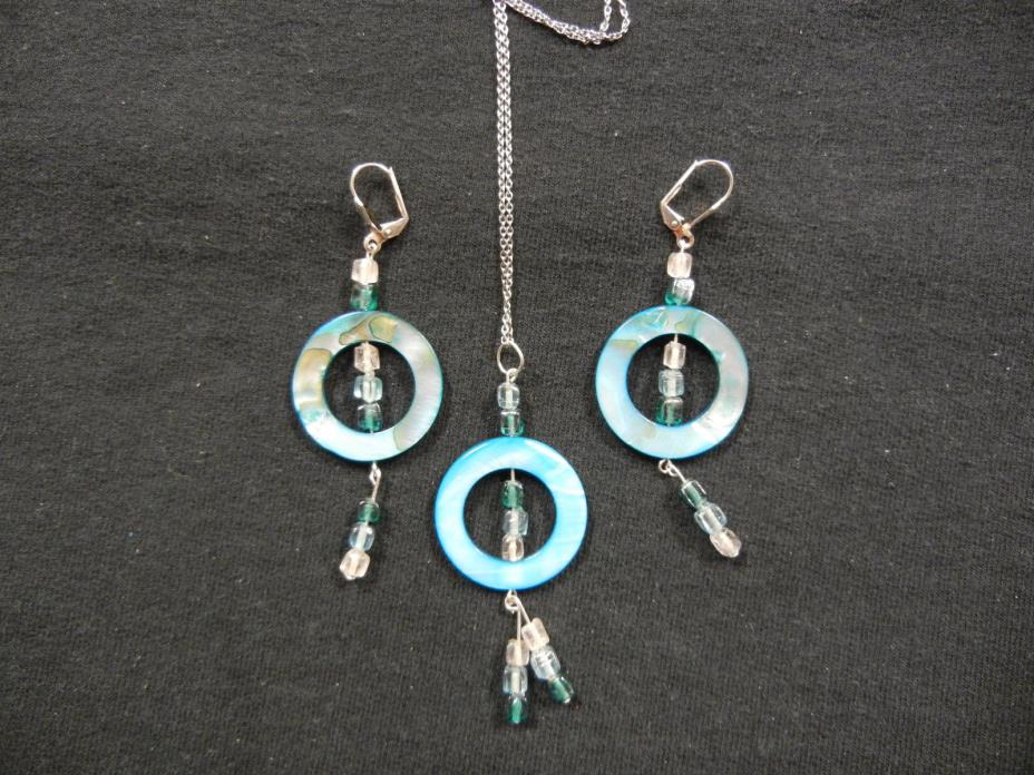 Handmade shell necklace & earring set, blue & silver