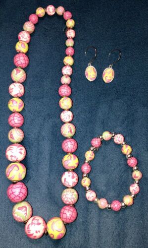 Jilzarah Paisley Polymer Clay Pink Beads Bracelet & Necklace & Earrings Set Lot